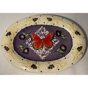LTD Commodities Spring Purple Butterfly Pansy Flowers Serving Platter‎ 14"